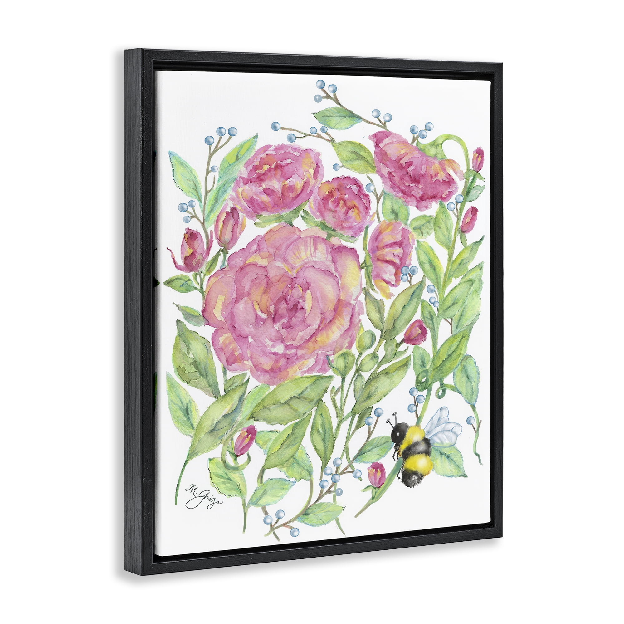 Stupell Industries Peony & Bumble Bee Black Framed Floater Canvas Wall Art, design by Maureen Grigs