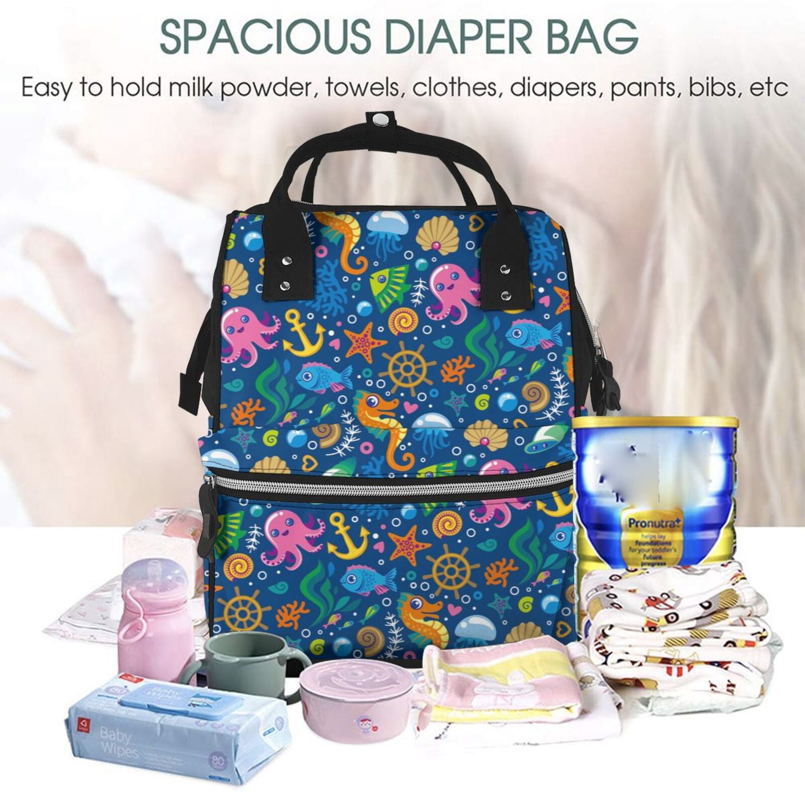Ratiio Sea Fish Mummy Backpack - Waterproof Twill Canvas, Large Capacity Diaper Bag with Multiple Pockets and Adjustable Straps