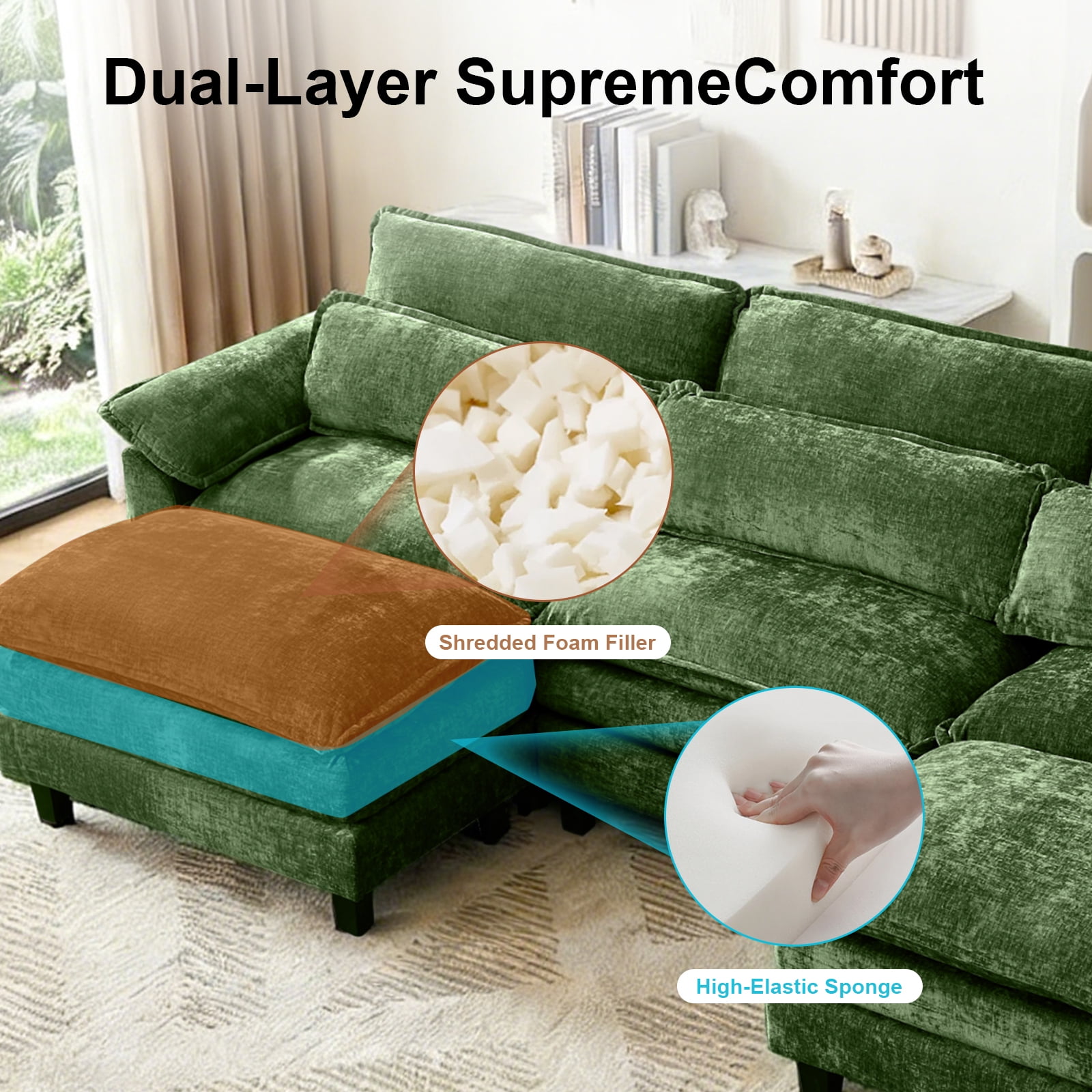 Howcool 113" Modular Sectional Sofa , 3 Seater U-Shaped Cloud Couch with Movable Ottoman, USB Charging Ports & Side Pockets, Sectional couchs for Living Room,Chenille Fabric,Green
