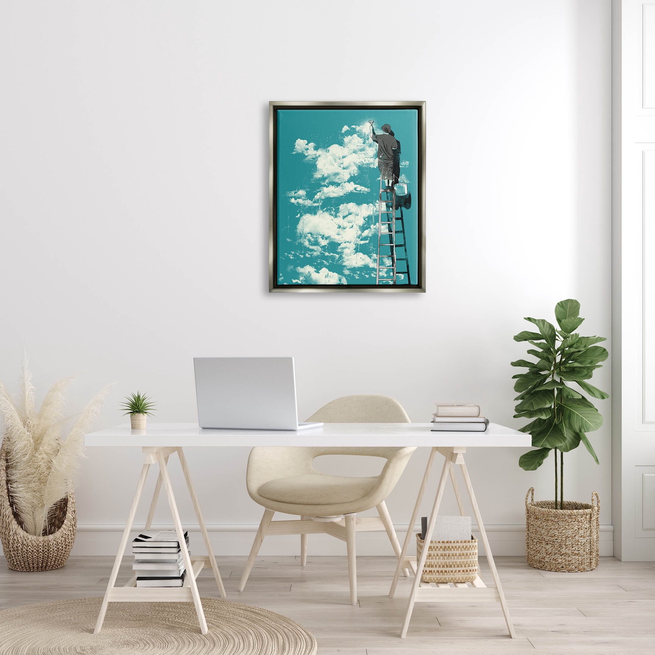 Stupell Industries Painter On Ladder Conceptual Clouds Graphic Art Luster Gray Floating Framed Canvas Print Wall Art, Design by Matheus Lopes Castro