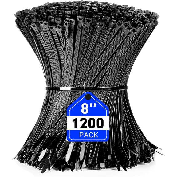 Zip Ties, 1200pcs Black Cable Zip Ties 8 Inch, Heavy Duty Plastic Wire Ties with 50lb Tensile Strength, Self-Locking Black Nylon Tie Wraps for Indoor and Outdoor