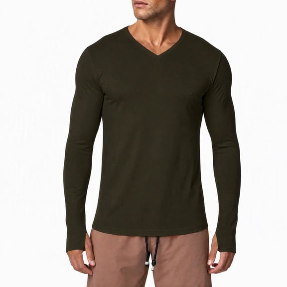 Rvwovn Men's Long Sleeve V-Neck Shirt Stretch Thumb Cuffs Athletic Base Layer Top Workout Daily Wear