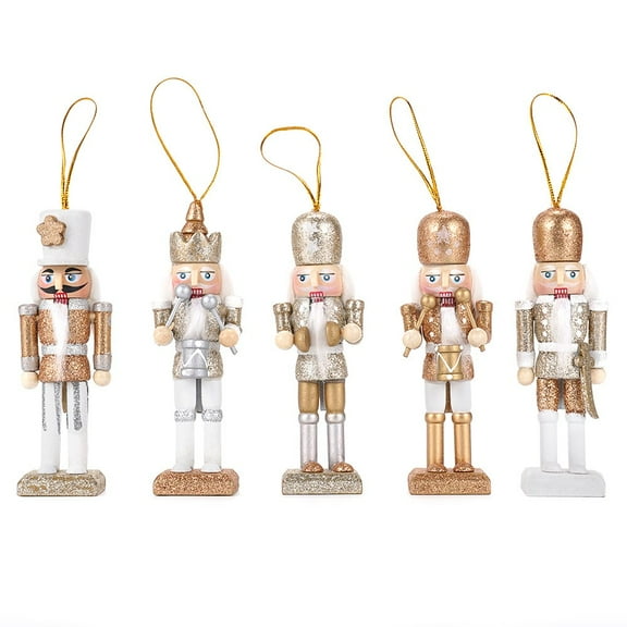 TJT 5-Piece Nutcracker Decorations, Christmas Nutcracker Soldier Ornaments Wooden Tree Hanging Collectible Xmas Figures Holiday Decor Gift, Gold 12cm