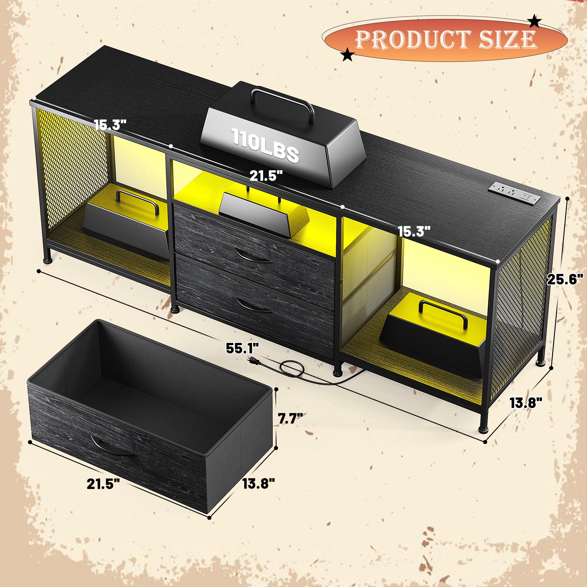 Dresser with Power Outlets & LED Lights Dresser for Bedroom with 2 Drawers TV Stand with Open Storage Shelves,Black