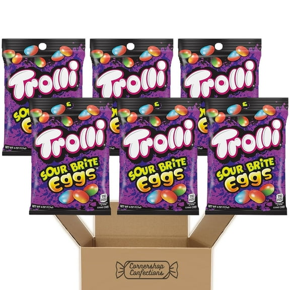 Trolli Sour Brite Eggs - 6 Bags of Trolli's Sour, Fruity, Chewy, Egg-Shaped Candy - Fat-Free, Individually Sealed Bags for Work, Lunch Box, Road Trips in Cornershop Confections Packaging