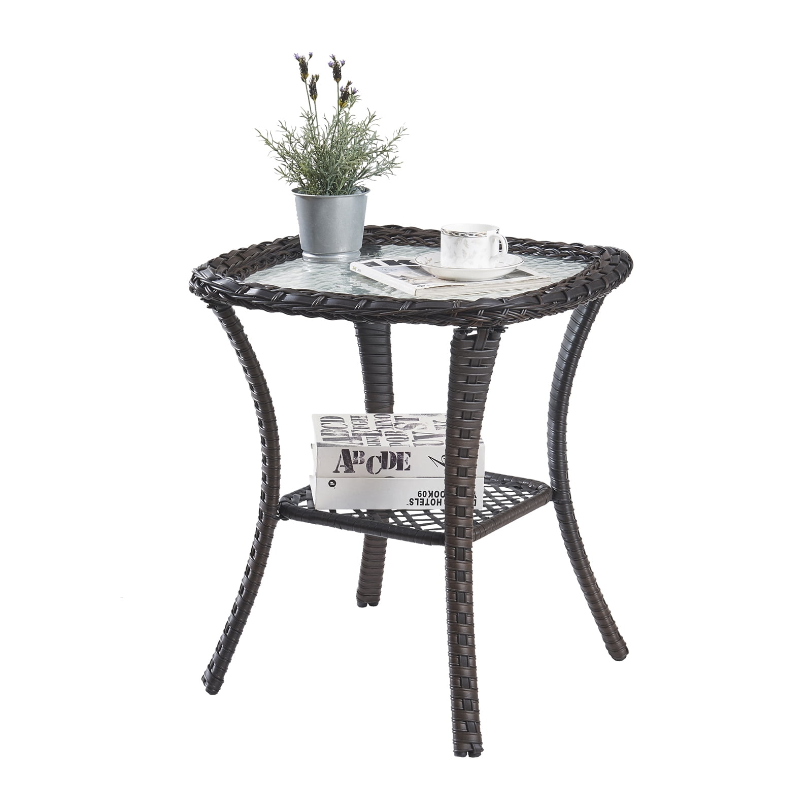 OPOHORO Outdoor Wicker Side Table,22x20x20 inch All Weather Rattan Small Patio Table Square End Table for Pool Balcony Deck Porch Lawn Backyard, Brown