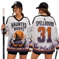 thumbnail image 2 of V Neck Long Sleeve Graphic Top For Women Halloween Haunted Night Theme Hockey Jersey Relaxed Fit Casual Long Sleeve Shirt Ideal For Halloween Party And Holiday Gathering White M, 2 of 6