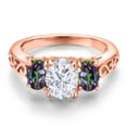 thumbnail image 3 of Gem Stone King 18K Rose Gold Plated Silver White Moissanite and Green Mystic Topaz Filigree Style 3 Stone Ring for Women (2.70 Cttw, Oval 8X6MM and 6X4MM) (Size 6), 3 of 6