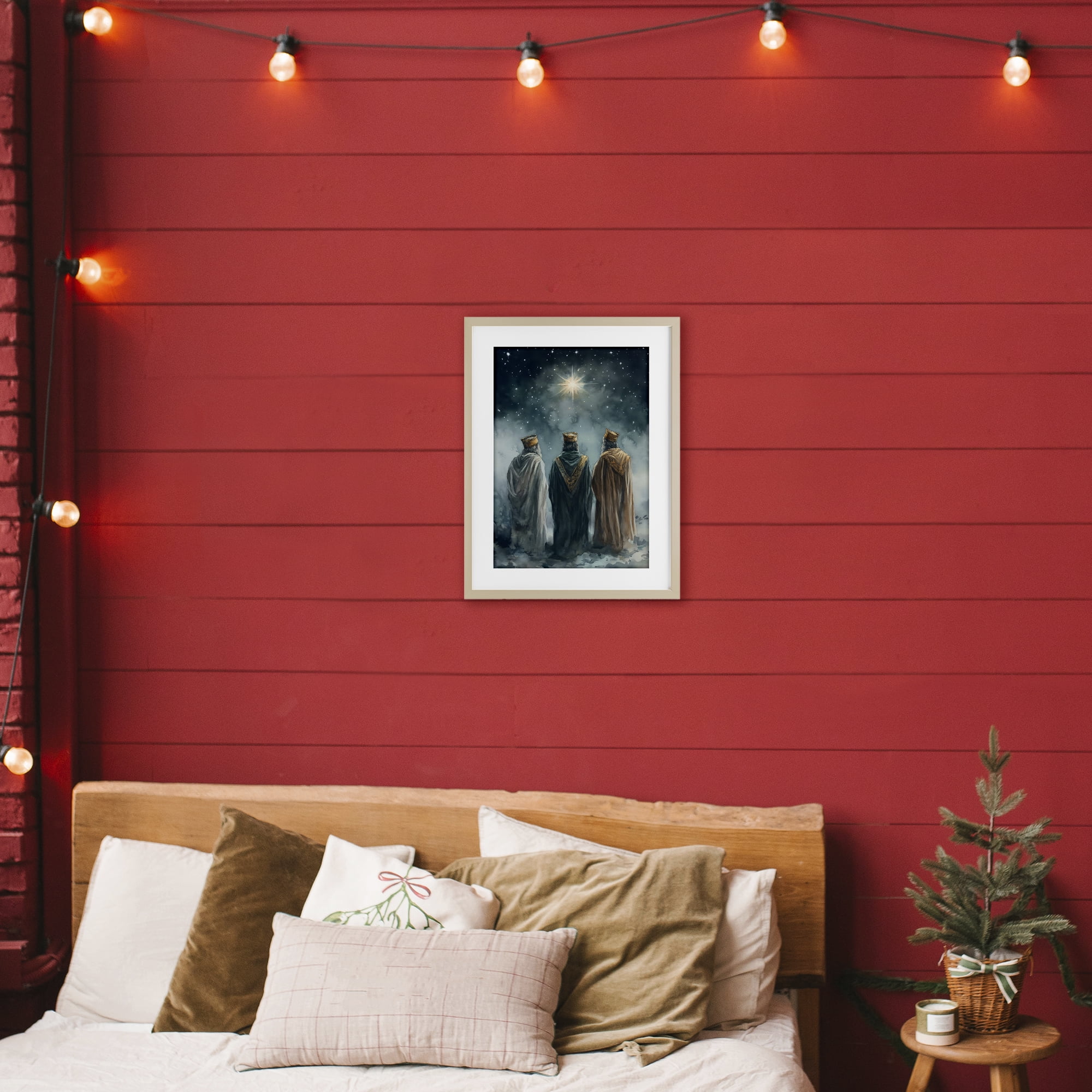 Three Wise Men & North Star Birch Framed Print Under Glass, design by Petal Prints Design