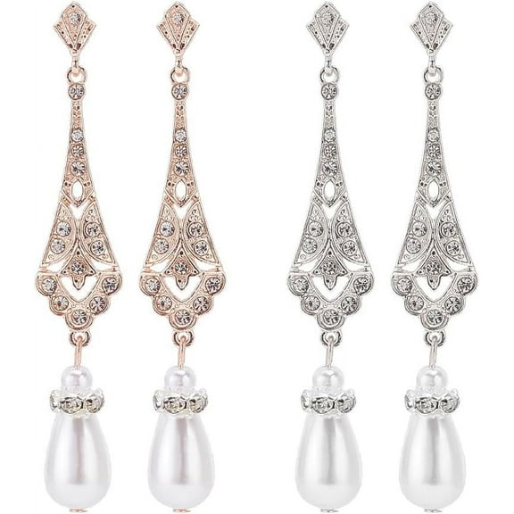 2 Pairs 1920s Flapper Art Deco Gatsby Earrings for Women Great Gatsby Costume Woman Pearl Drop Dangle Stud Earrings Wedding Sliver Costume vintage Jewelry Earrings for New Year Gifts