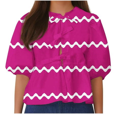 SHTXOZHI Womens Lace-up Front Tops Puff Short Sleeve Babydoll Cute Blouse 2024 Summer Shirts