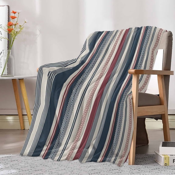 Fleece Blanket Vintage Blue Red Stripes Blankets, Soft Cozy Warm Flannel Throw Blanket, Abstract Geometric Line Blanket for Bed Couch Sofa,30x40In