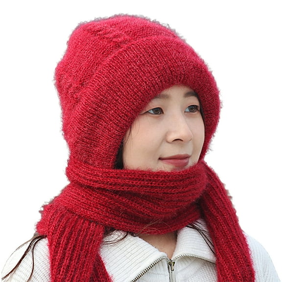 Honrane Knitted Hat 2 in 1 Multifunctional Thickened Stretchy Soft Ears Protection Solid Color Windproof Winter Women Beanie Cap Scarf for Outdoor