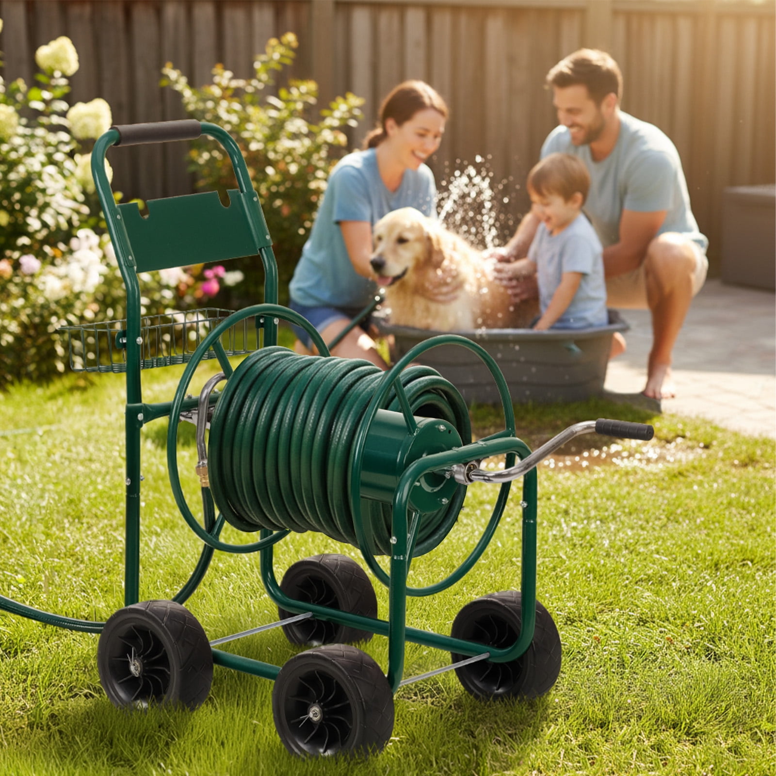 Ktaxon Heavy Duty 7.5in Steel Hose Reel Cart for Garden Outdoor Use, Large Capacity, Green