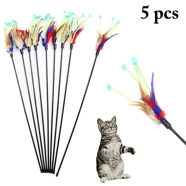 5PCS Cat Teaser Training Artificial Feather Cat Wand Toy Cat Interactive Toy