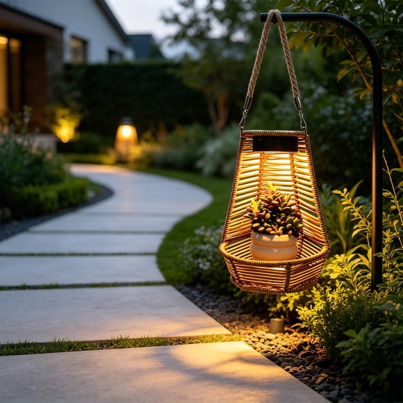 YYV Solar-Powered Woven Rattan Hanging Garden Light Waterproof Outdoor Potted Lamp Decorative Villa Patio Courtyard Ambient Hanging Solar Lantern for Porch and Garden