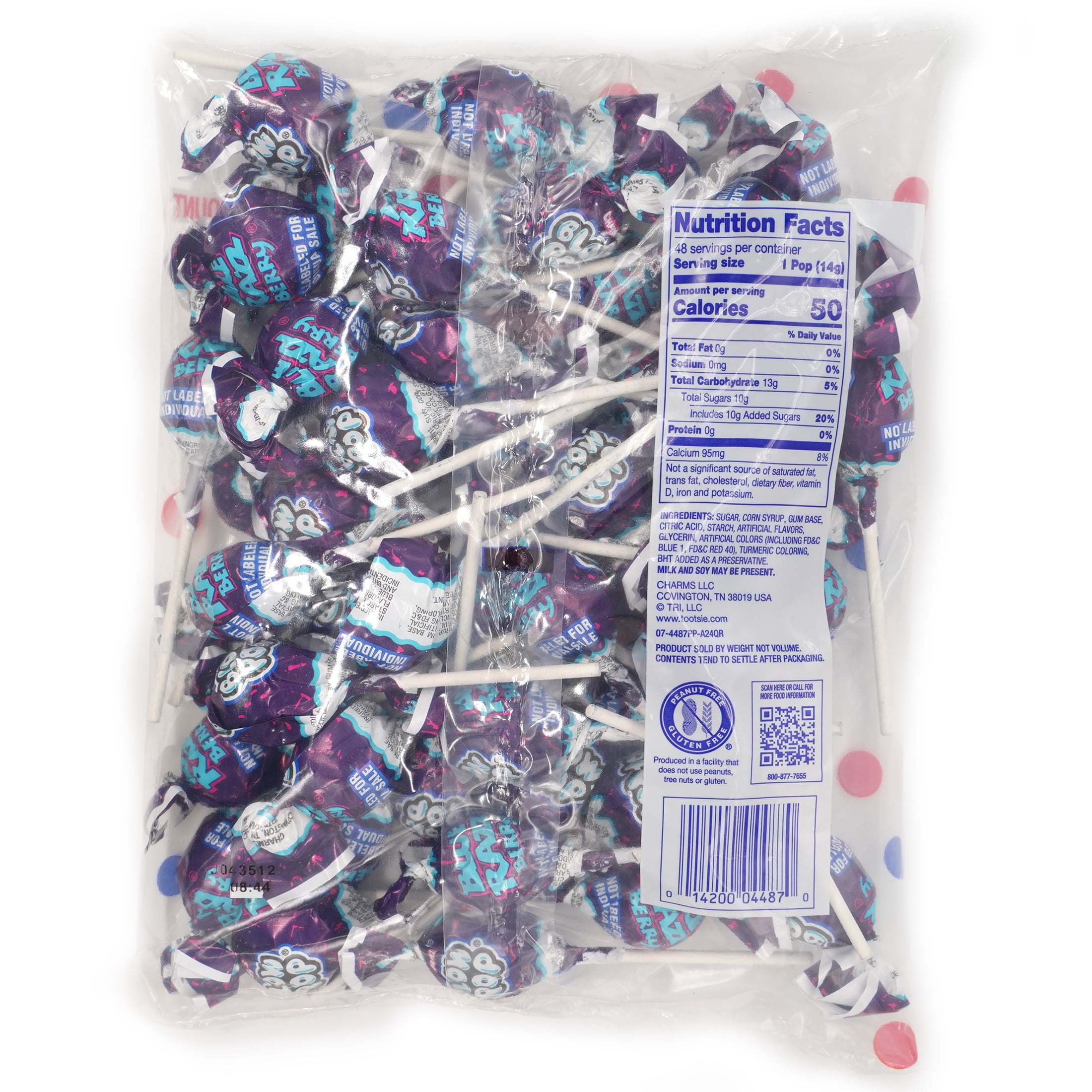 Charms Blow Pop Blue Razz Bubble Gum, 48 count, 50 calories, 24 oz. Bag