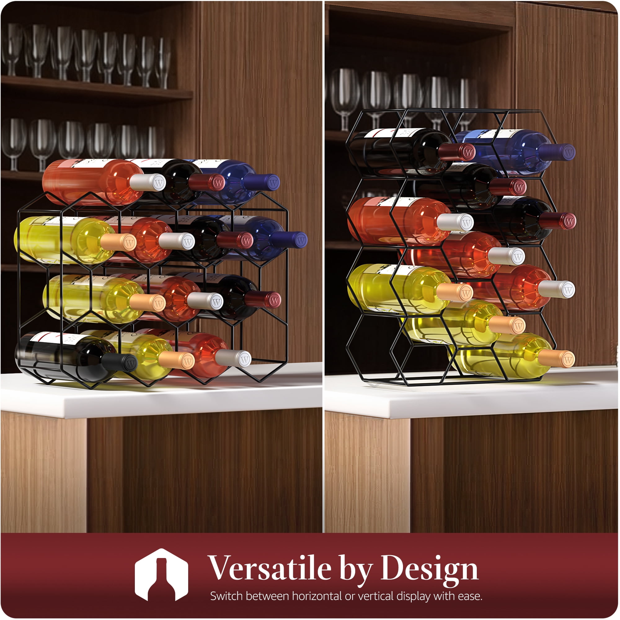 Sorbus 14-Bottle Stackable Metal Wine Rack Black Honeycomb Countertop Storage