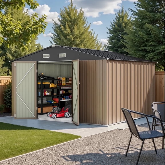 Homall 10' x 8' ft Outdoor Metal Storage Shed with Sloping Roof and Double Lockable Door for Backyard, Brown