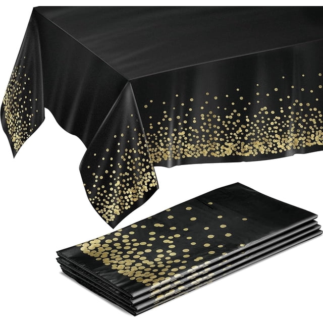 Paquete de 4 manteles rectangulares dorados y negros de 137 x 274 cm. Mantel de plástico desechable para fiestas, cenas y eventos. Manteles negros para bodas y celebraciones.
