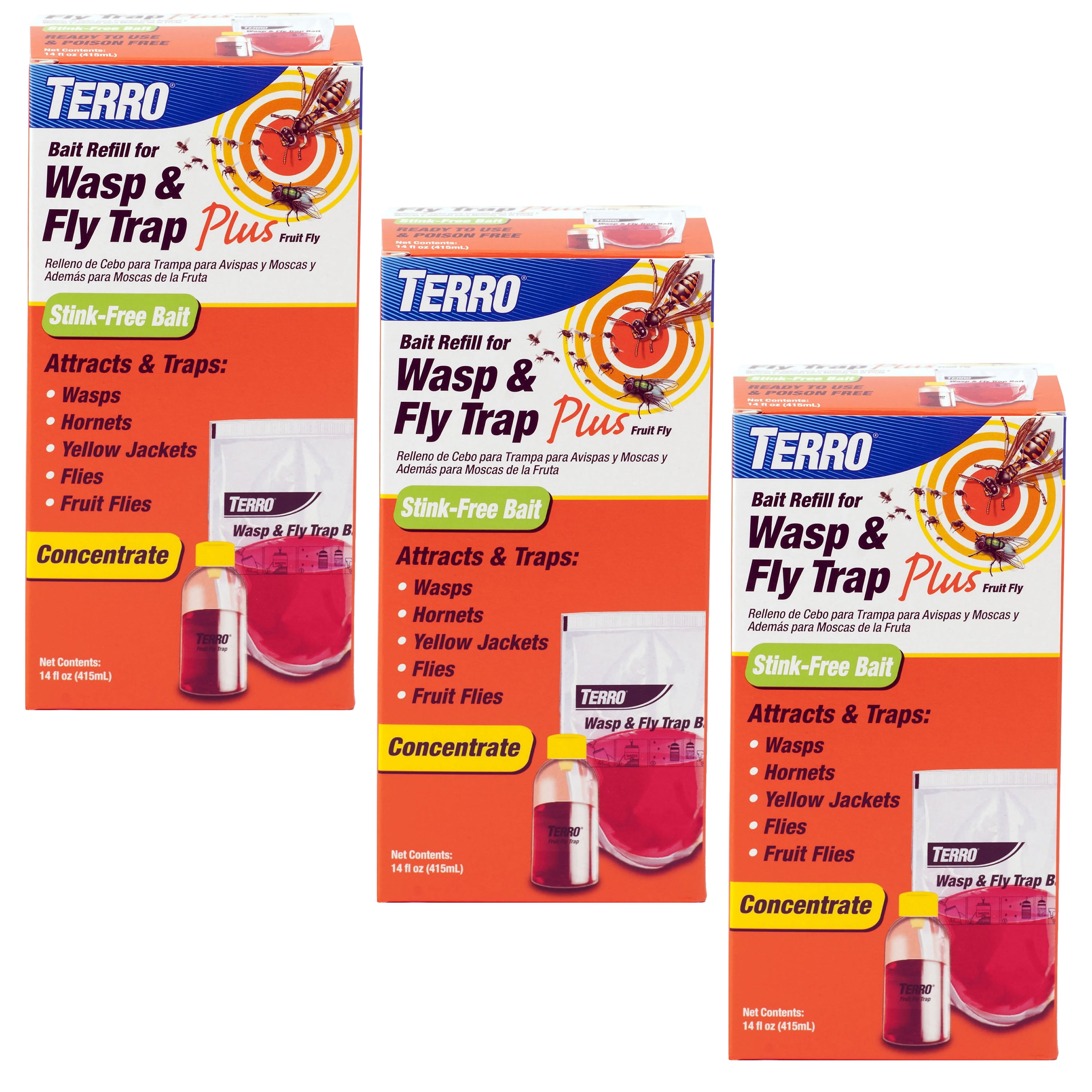 TERRO Wasp & Fly Trap Plus Fruit Fly Refill 3 Pack