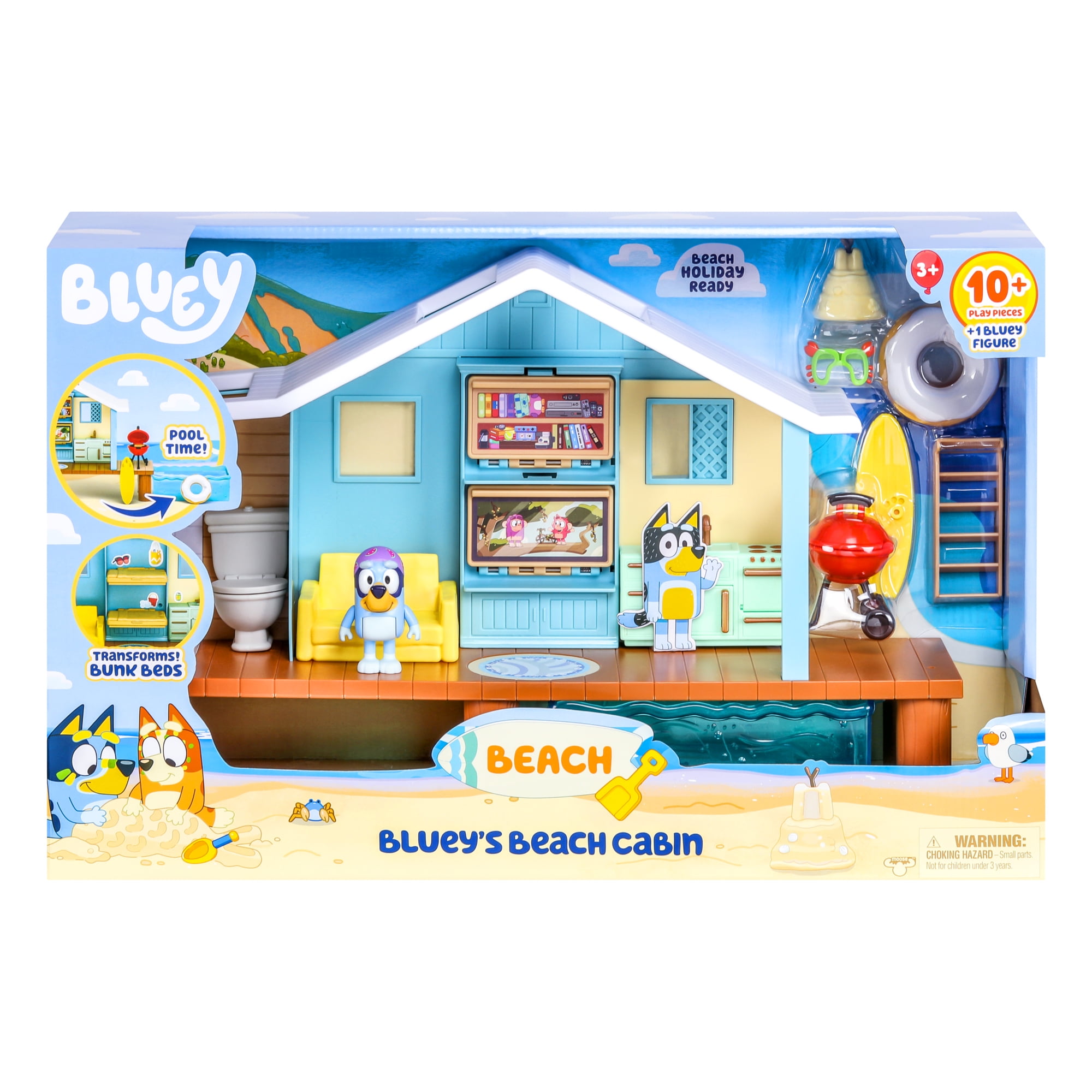 Bluey, Beach Cabin Playset, Includes Figure with Goggles, 10 Pieces, Toddler Toy