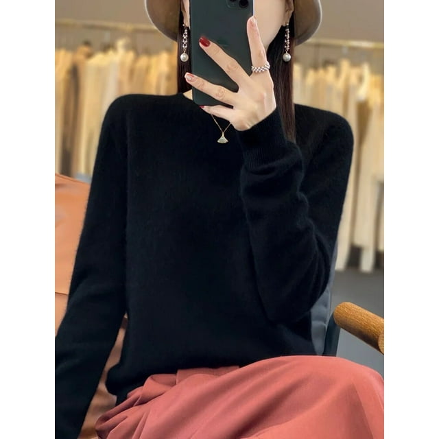 Pull en Laine Mérinos 100 % Pur pour Femmes, Col Rond, Automne Hiver, Décontracté, Tricoté, Couleur Unie, Régulier