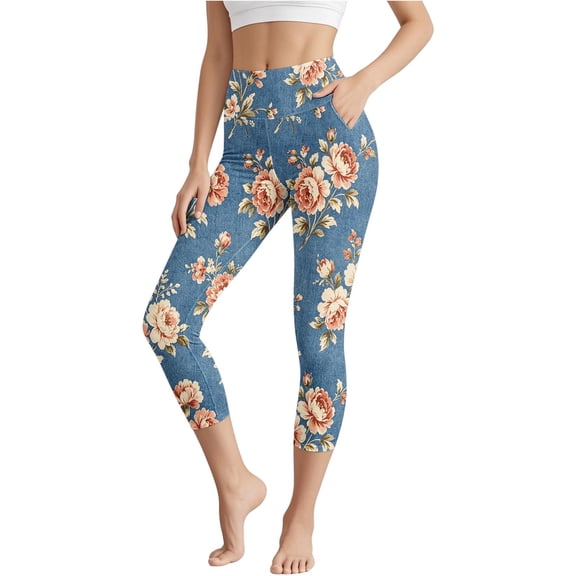 TaTaai Womens Printed Slim Fit Capri Leggings Yoga Pants with Pockets High Waist Stretchy Trousers for Daily Gym