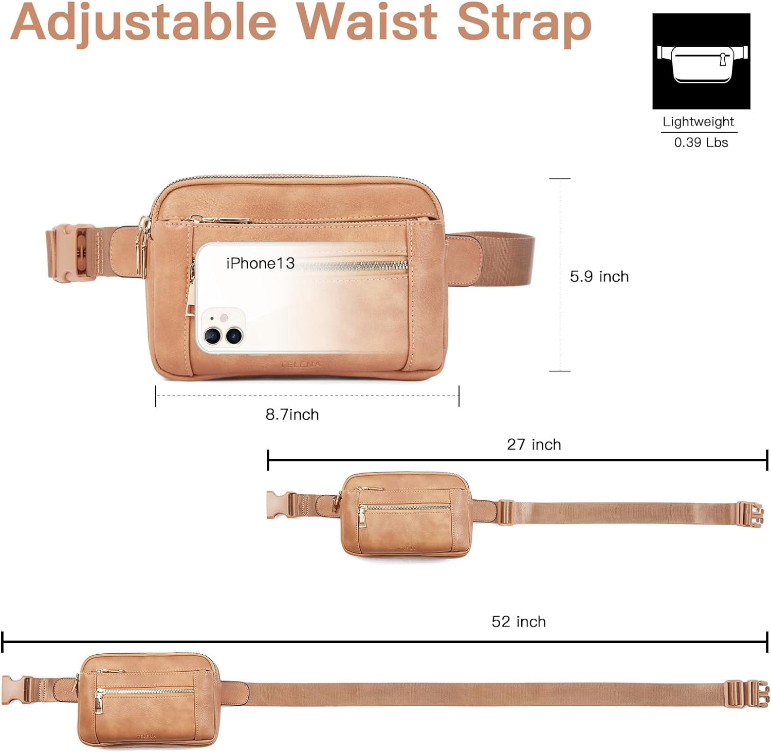 Fanny Packs for Women Cross Body Bag Leather Belt Bag Fashionable Waist Bag with Adjustable Strap Beige Brown