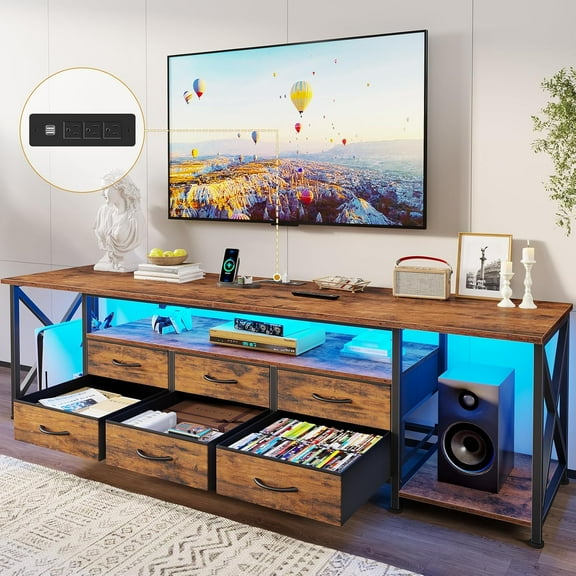 TV Stand with LED Lights & Power Outlets, for TVs up to 85 Inches, 6 Drawers Entertainment Center with Open Storage Shelves, 71" TV Media Console Table for Living Room, Bedroom, Rustic Brown