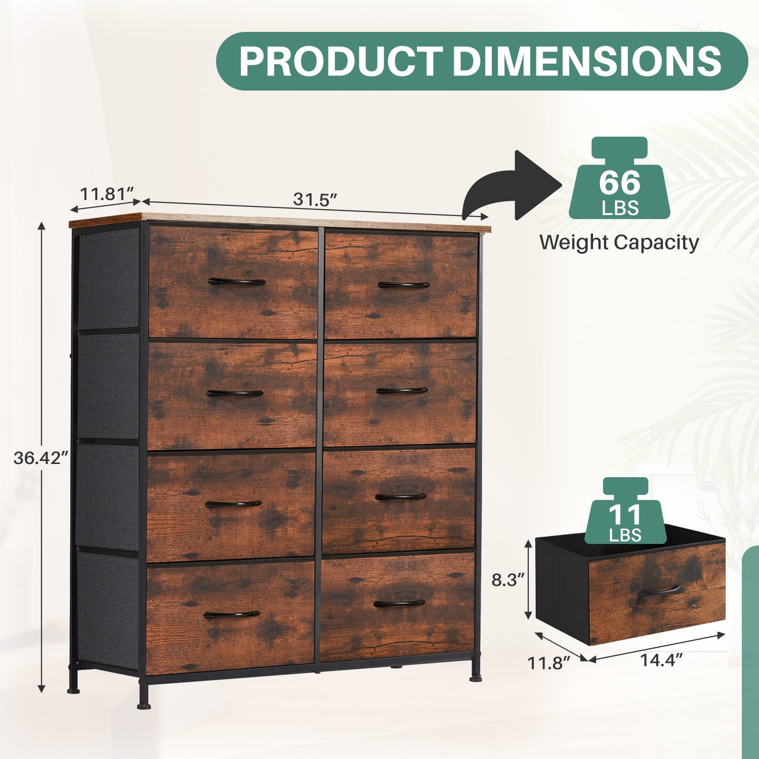 TINKLE WELL 8 Drawers Dresser for Bedroom with Metal Frame, Wood Tabletop, Storage Chest Drawers, Rust