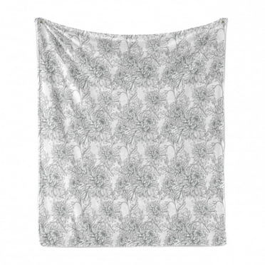 Grey and White Soft Flannel Fleece Blanket, Vintage Chrysanthemum Flowers in Soft Tones Foliage Botanical Pattern, Cozy Plush for Indoor and Outdoor Use, 70" x 90", Pale Grey White, by Ambesonne
