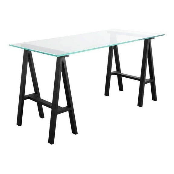 Pemberly Row 55" High Polished Steel Metal and Tempered Glass Desk in Black