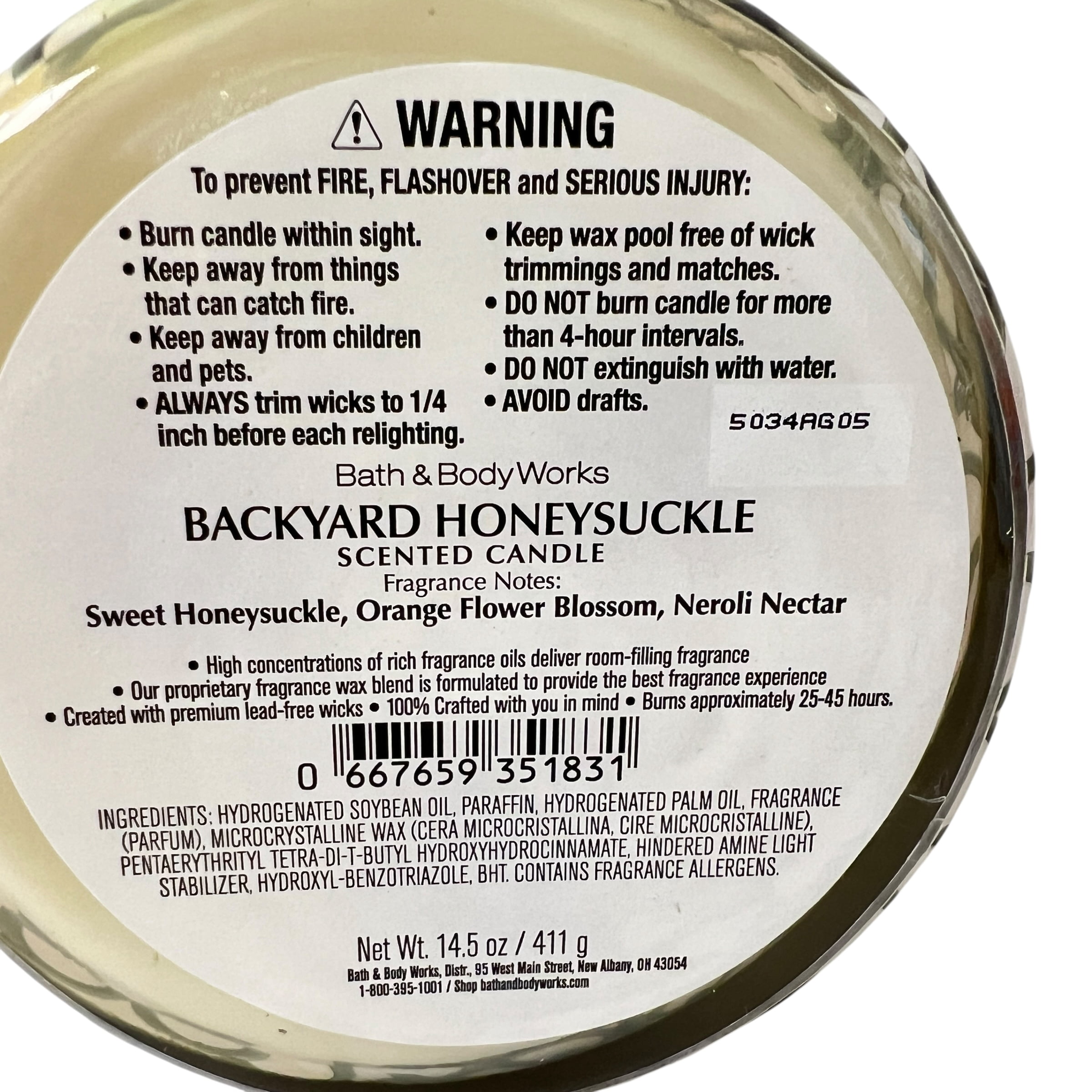 Bath & Body Works Backyard Honeysuckle Scented 3 Wick Candle 14.5 oz