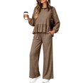 thumbnail image 3 of Szluipve Women Gingham Plaid 2 Piece Outfit Long Sleeve Ruffle Hem Loose Top Wide Leg Cropped Pants Casual Loungewear Set Brown S, 3 of 4