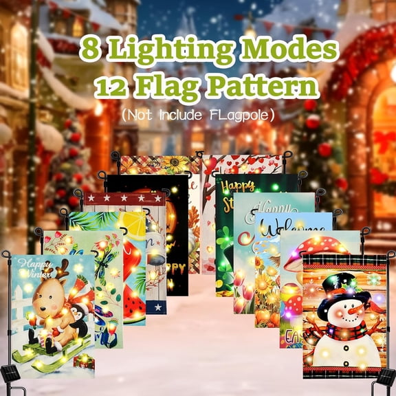 Solar Seasonal Garden Flags Set of 12, Lighted 12×18 Double-Sided Yard Flags for Outside Halloween Christmas Fall Thanksgiving Day Decorations Welcome Flag Outdoor Holiday Decor