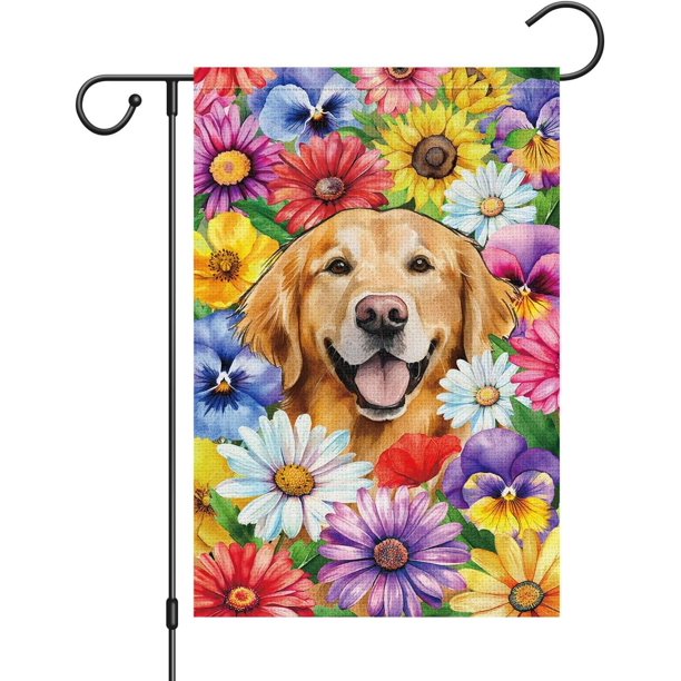Bandera de jardín de perro Golden Retriever de bienvenida a la primavera, 30 x 45 cm, doble cara, de arpillera, con margaritas pequeñas, pensamientos y flores, ideal para jardín, patio, casa,