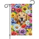 thumbnail image 1 of Bandera de jardín de perro Golden Retriever de bienvenida a la primavera, 30 x 45 cm, doble cara, de arpillera, con margaritas pequeñas, pensamientos y flores, ideal para jardín, patio, casa,, 1 of 6