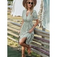 thumbnail image 3 of Women'S Summer Ruffle Puff Sleeve Dress Short Sleeve V Neck High Waist Casual Loose Striped Midi Dresses  Green S, 3 of 7