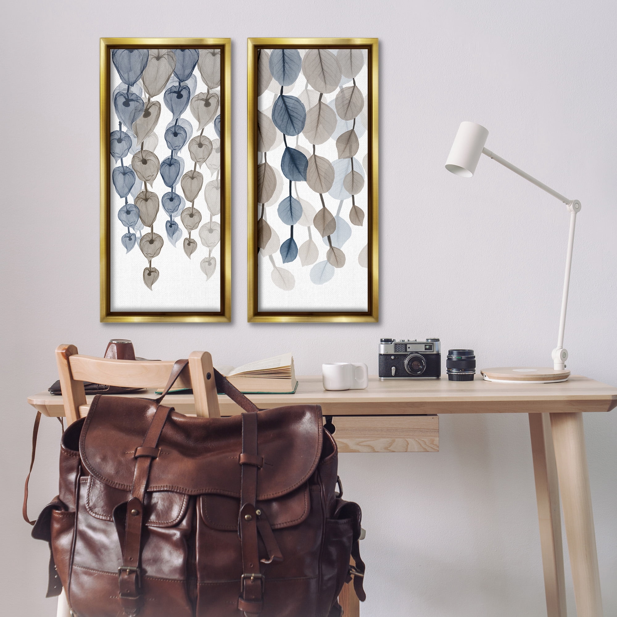 Stupell Industries Neutral Opaque Cascading Leaves Abstract Painting Gold Floater Framed Canvas Art Print Wall Art, 15 x 31, Set of 2