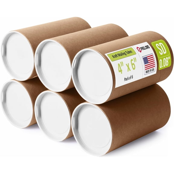 Paclord 4" x 72" Reinforced Kraft Paper Mailing Tube, Pack of 6 Tubes with 12 Caps – Secure USPS Approved Poster Tube – Cardboard Tube for Shipping and Storing Posters, Prints, Artwork, or Documents