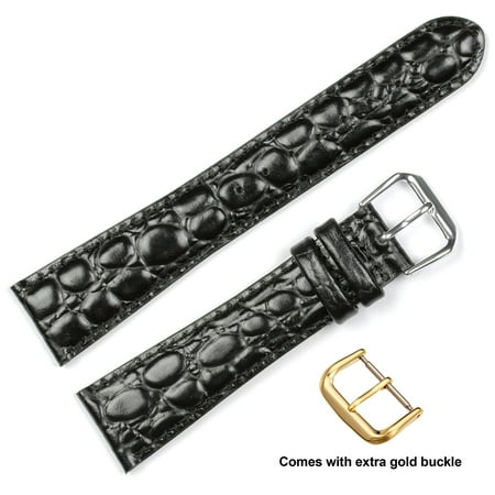 Black Alligator Leather Band - deBeer brand Alligator Grain Watch Band (Silver & Gold Buckle) - Black 16mm