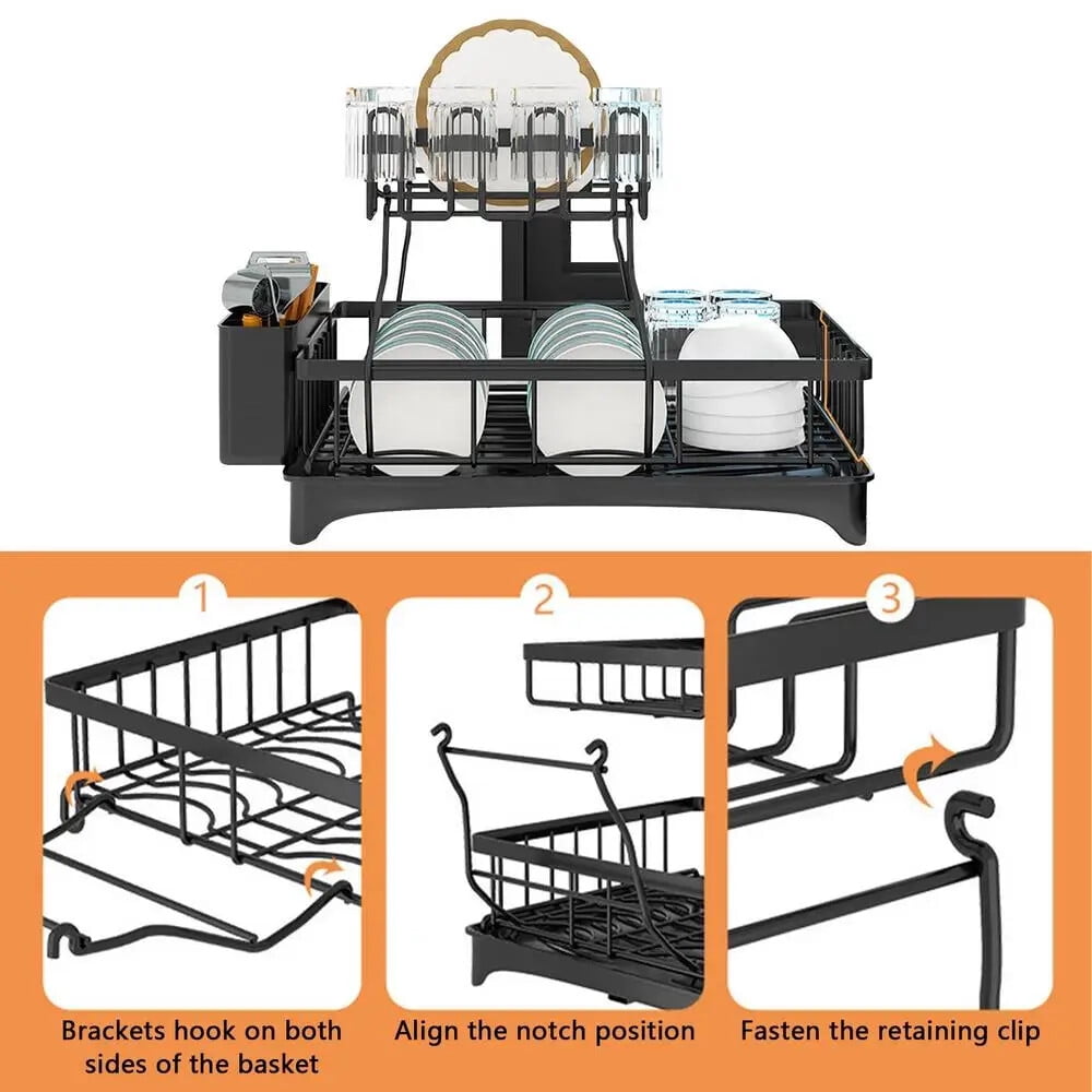 2 Tier Dish Drying Rack with Drain Board, Carbon Steel Countertop Dish Drainer for Kitchen Sink, Free Standing Black Dish Rack for Plates Bowls Cups Utensils