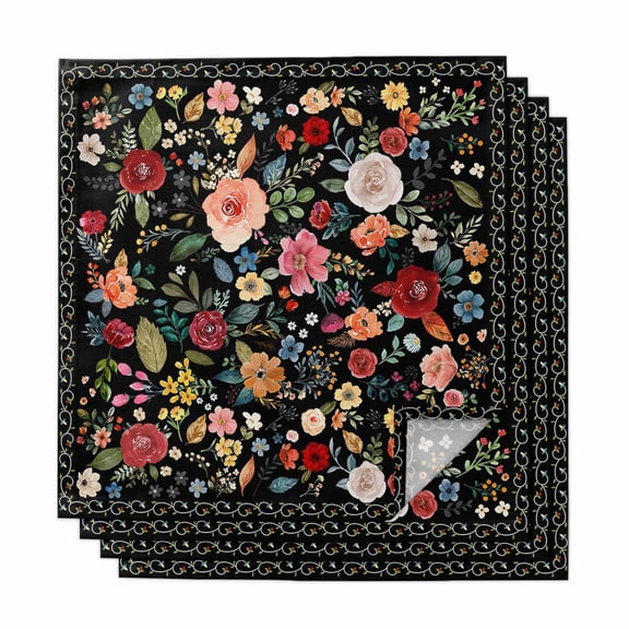 Watercolor Flowers Cloth Napkins, Farmhouse Floral Vintage Black Washable and Reusable Dinner Napkins Set of 4, Table Napkin for Kitchen Party Birthday Wedding Hotel Housewarming 20"x20"