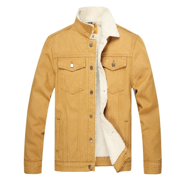 Men's Sherpa Fleece Lined Thicken Denim Jacket, Men Lapel Winter Warm Jean Jacket, Slim Fit Trucker Cowboy Denim Coat