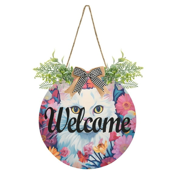 White Cat Flowers Floral Welcome Sign for Front Door Wreath Door Sign for Farmhouse Porch Decoration Indoor Outdoor