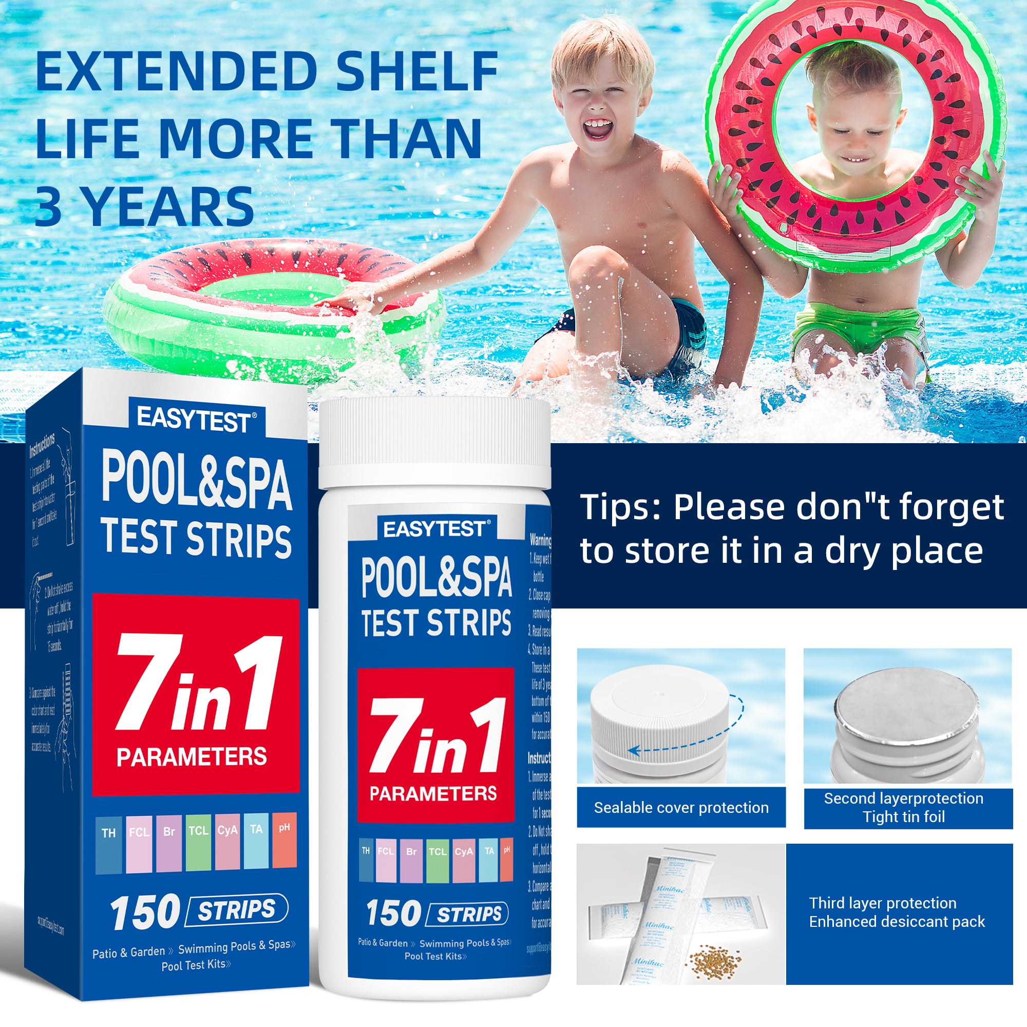 EASYTEST 7 in 1 Pool and Spa Test Strips, 150 Strips Fast and Accurate Water Quality Testing Kit for Swimming Pool and Hot tub, Strip Detects pH, Chlorine, Bromine, Total Hardness