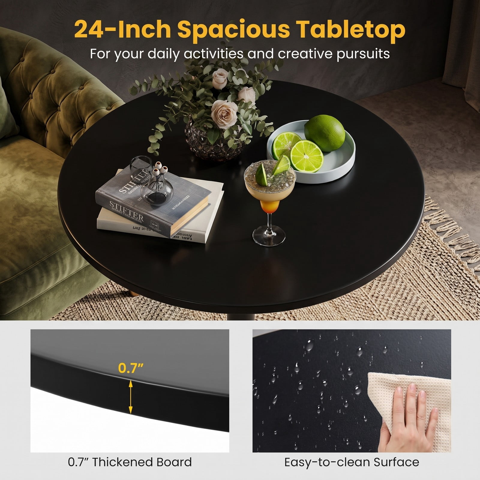 Furnibear 24 Inch Round Cocktail Table, Modern Tall Bar Bistro Table with Sturdy Metal Base and Waterproof MDF Top for Kitchen Dining Pub Home Wedding, 40 Inch, Black