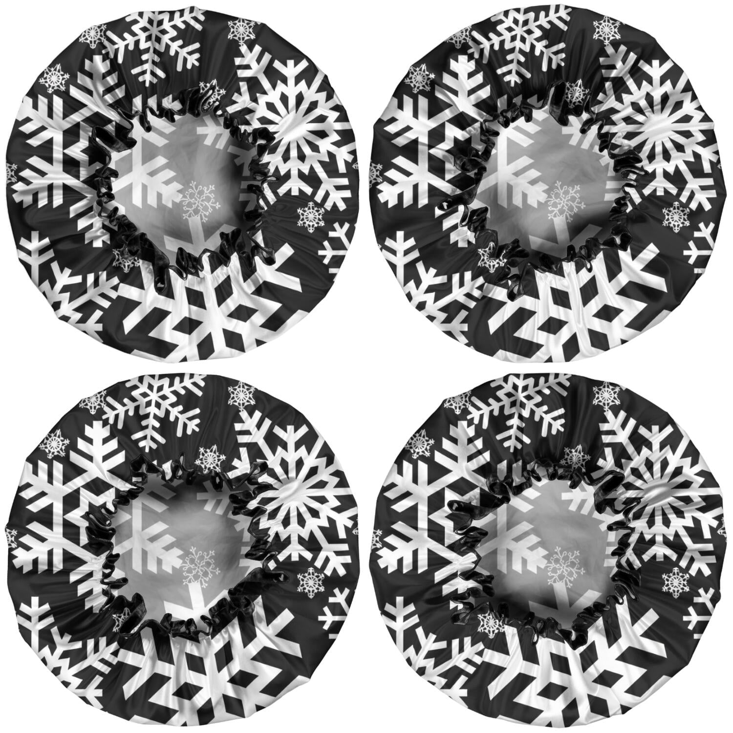 Shower Caps,Black Christmas Snowflake Pattern Waterproof Shower Cap for Women 4 Pieces,Double Reusable Hair Cover for Shower PEVA Elastic Stretch Hem