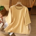 thumbnail image 2 of Htigea Cotton Linen 3/4 Sleeve Shirts for Women Casual Crewneck Basic Tees Loose Pullover Solid Tops Yellow,L, 2 of 5